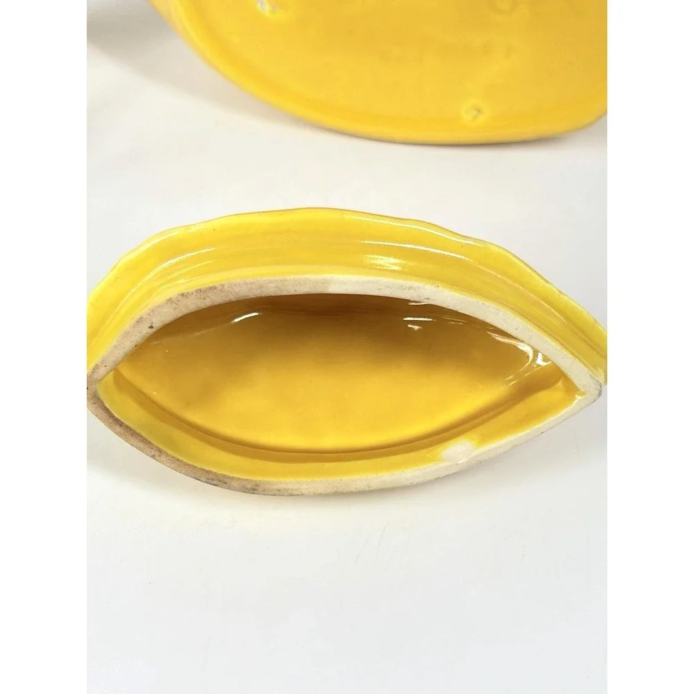 Vintage Pottery Chicken of the Sea Tuna Baker Yellow Fish - Original Stand Incl